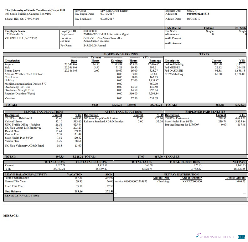 Download University of North Carolina pay stub Word and PDF template Photoshop template